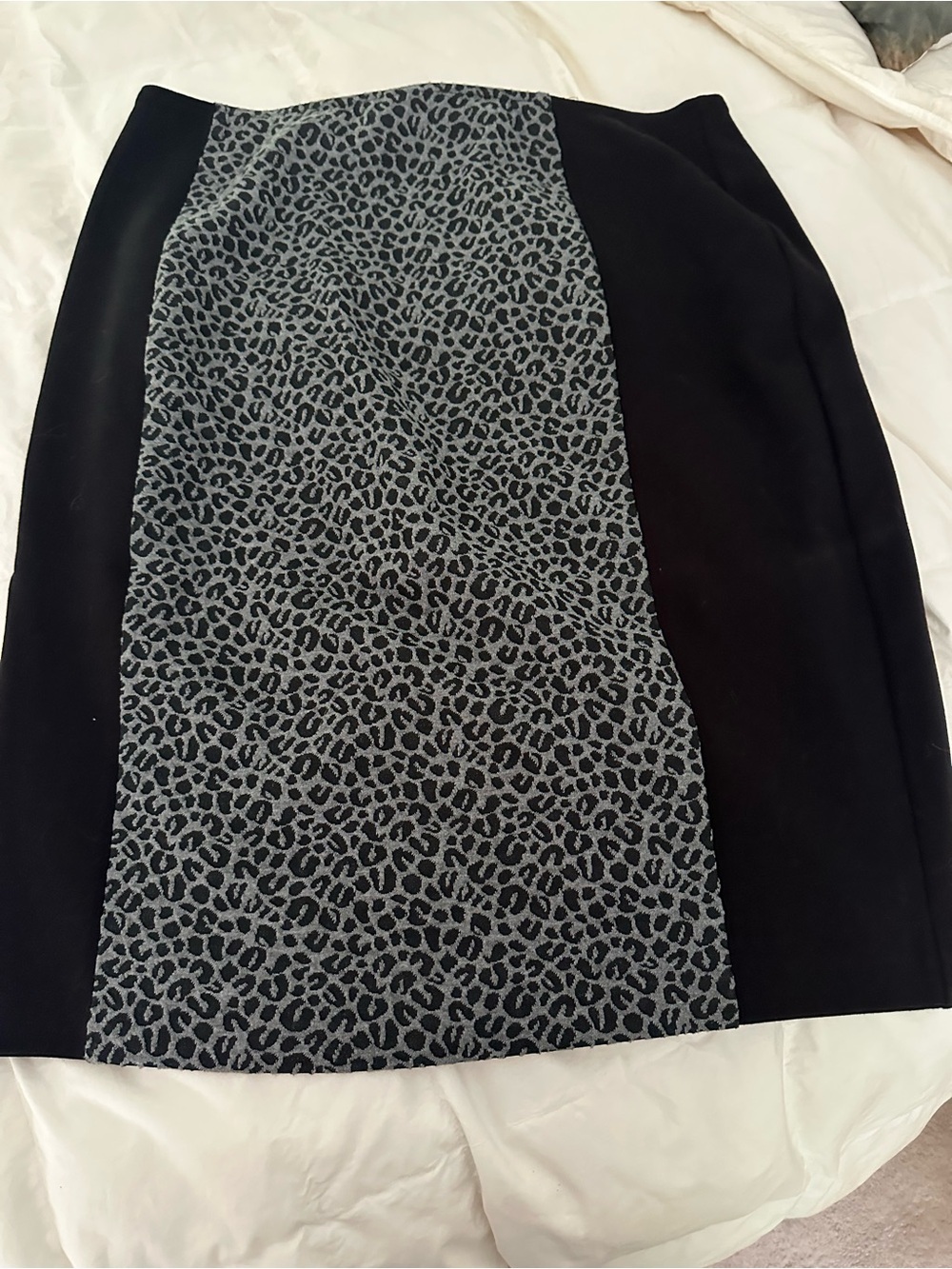 Chicos Women's Black Pencil Skirt with Gray Leopard-Print Panel